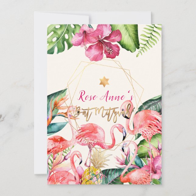 Convites PixDezines Flamingo Rosa Tropical Bat Mitzvah (Frente)