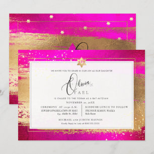 Convites PixDezines FLASHY PINK BRUSHSTROKE Dourado Mitzvah