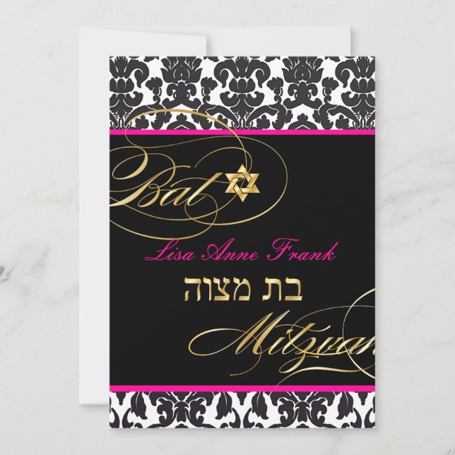 Convites PixDezines Flora Damask, Bat Mitzvah/ cor DIY (Frente)