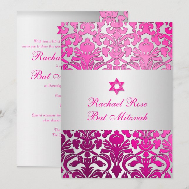 Convites PixDezines Flora Damask Bat Mitzvah/Pink/Prata (Frente/Verso)