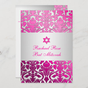 Convites PixDezines Flora Damask Bat Mitzvah/Pink/Prata