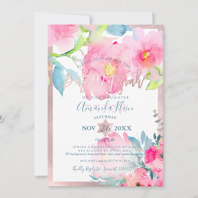 Convites PixDezines Floral Aquarela Bat Mitzvah (Frente)