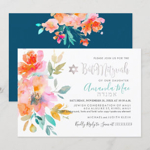 Convites PixDezines Floral Aquarela Bat Mitzvah, Laranja