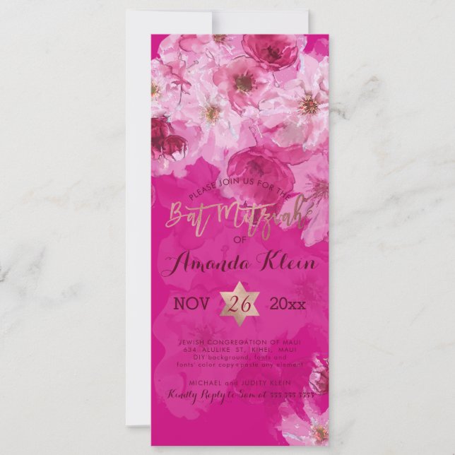 Convites PixDezines Floral Watercolor Bat Mitzvah (Frente)