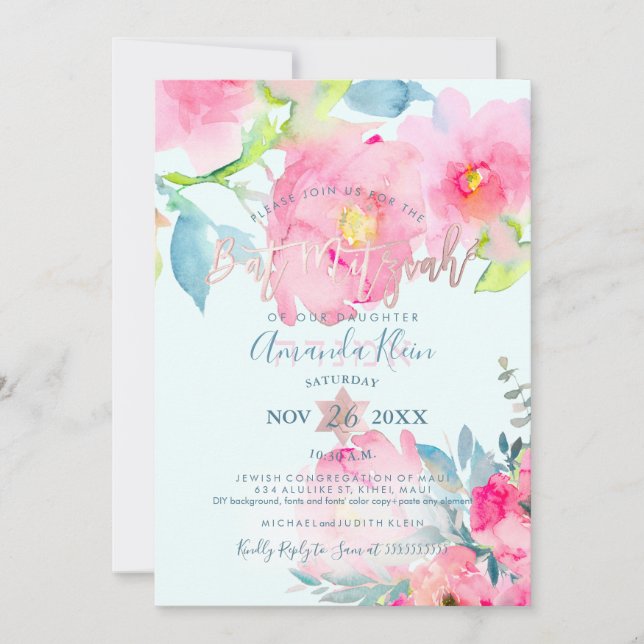 Convites PixDezines Floral Watercolor Bat Mitzvah (Frente)
