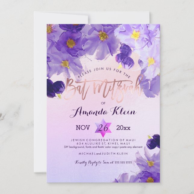 Convites PixDezines Floral Watercolor Bat Mitzvah (Frente)