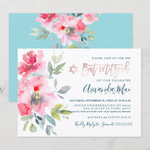 Convites PixDezines Floral Watercolor Bat Mitzvah, Ombre