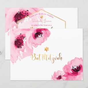 Convites PixDezines Floral Watercolor/Rosa/Bat Mitzvah
