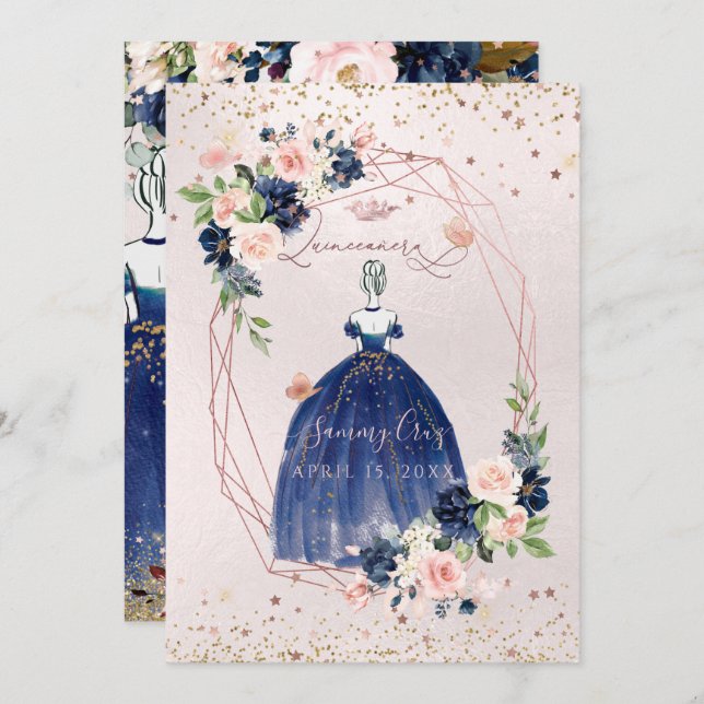 Convites PixDezines Flores Douradas H2 com Rosa de Quincean (Frente/Verso)