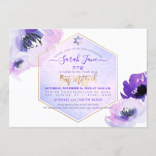 Convites PixDezines Flores em Aquarela, Bat Mitzvah Roxo
