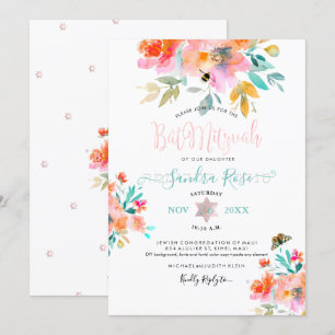 Convites PixDezines Garden Roses Watercolor Bat Mitzvah