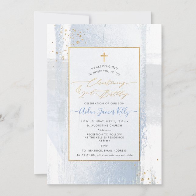 Convites PixDezines H2 Blue Christening+segundo aniversário (Frente)