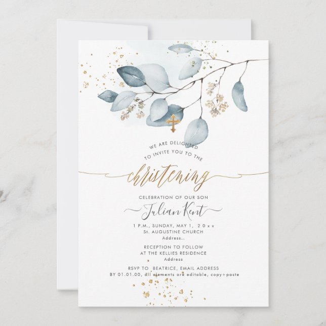 Convites PixDezines H2 Blue Gum Eucalyptus Christening (Frente)