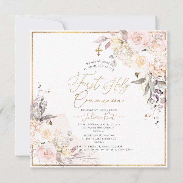 Convites PixDezines H2 Blush Rosas Primeira Comunhão Sagrad (Frente)