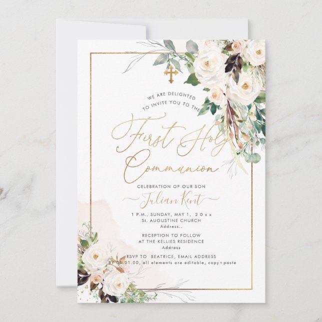 Convites PixDezines H2 Blush Rosas Primeira Comunhão Sagrad (Frente)