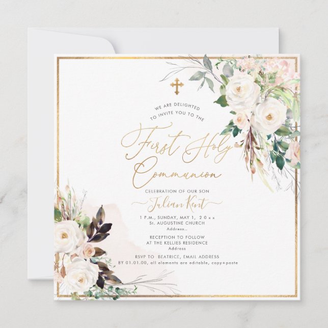 Convites PixDezines H2 Blush Rosas Primeira Comunhão Sagrad (Frente)