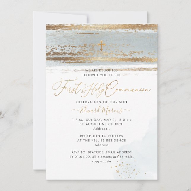 Convites PixDezines H2 Dusty Blue Primeira Comunhão Sagrada (Frente)