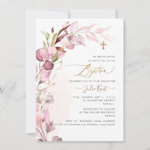 Convites PixDezines H2 Dusty Blush Gum Foliage Batismo