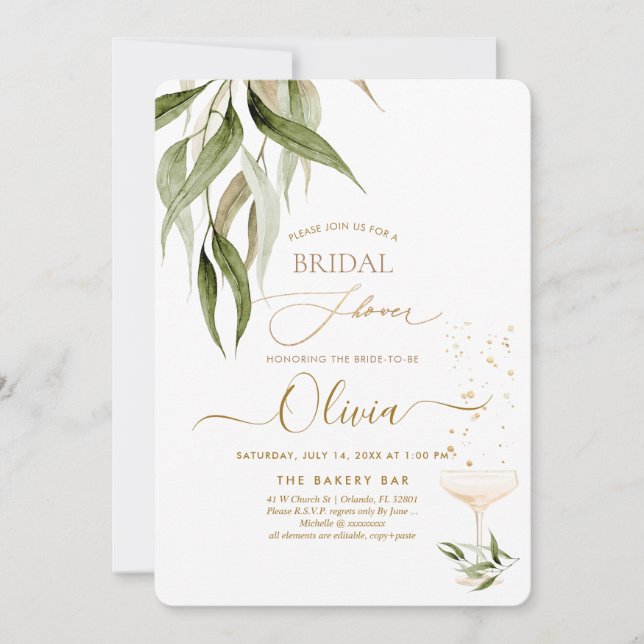 Convites PixDezines H2 Eucalipto Verde Bridal Shower (Frente)