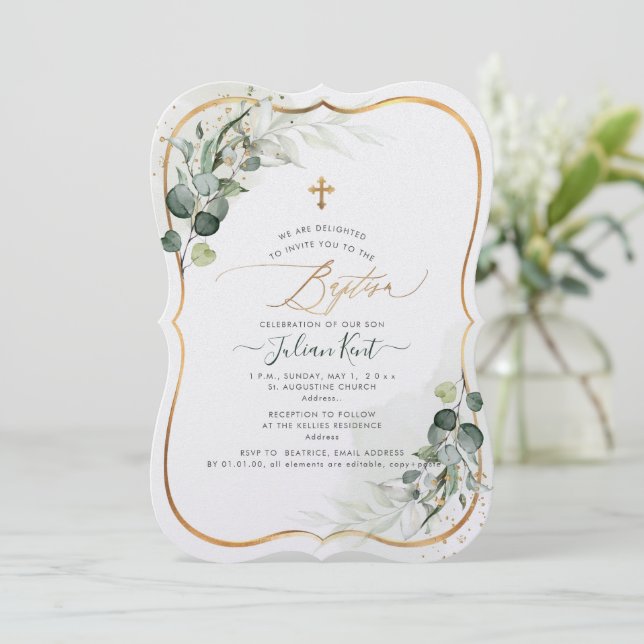 Convites PixDezines H2 Eucalyptus Baptism (Em pé/Frente)