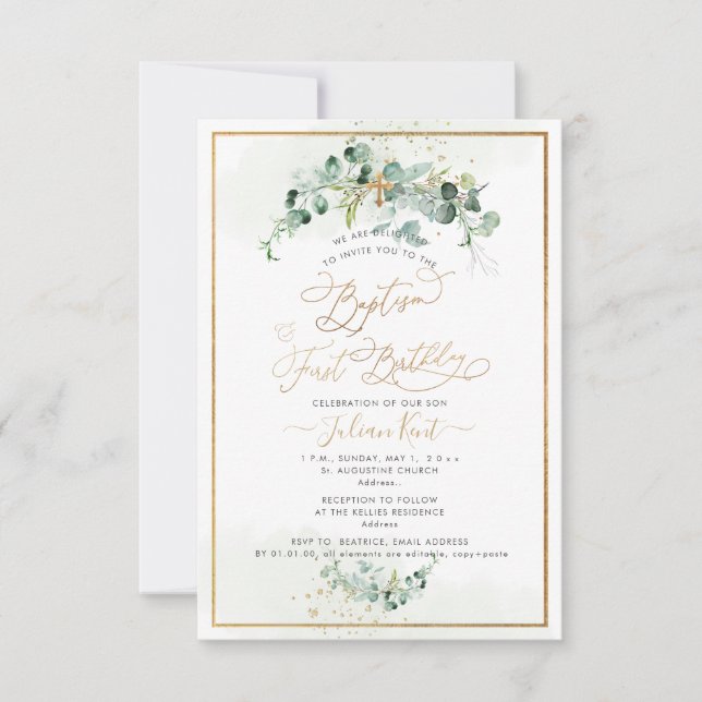 Convites PixDezines H2 Eucalyptus Baptism Primeiro Aniversá (Frente)