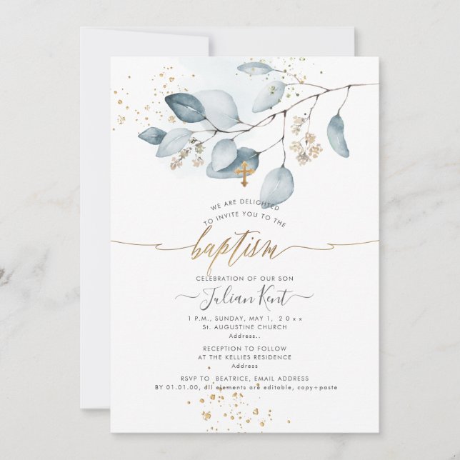 Convites PixDezines H2 Goma Azul Eucalyptus Baptism (Frente)