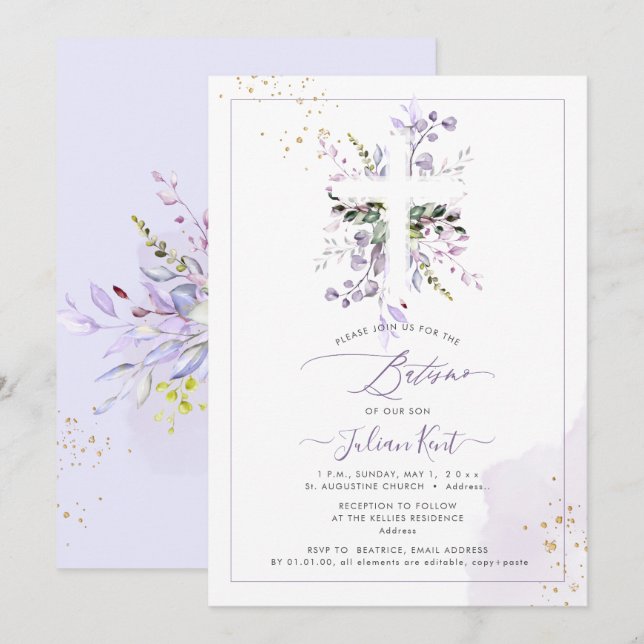 Convites PixDezines H2 Lilás Roxo Eucalipto Batismo (Frente/Verso)