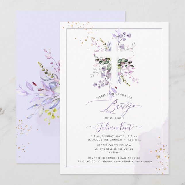 Convites PixDezines H2 Lilás Roxo Eucalipto Bautizo (Frente/Verso)