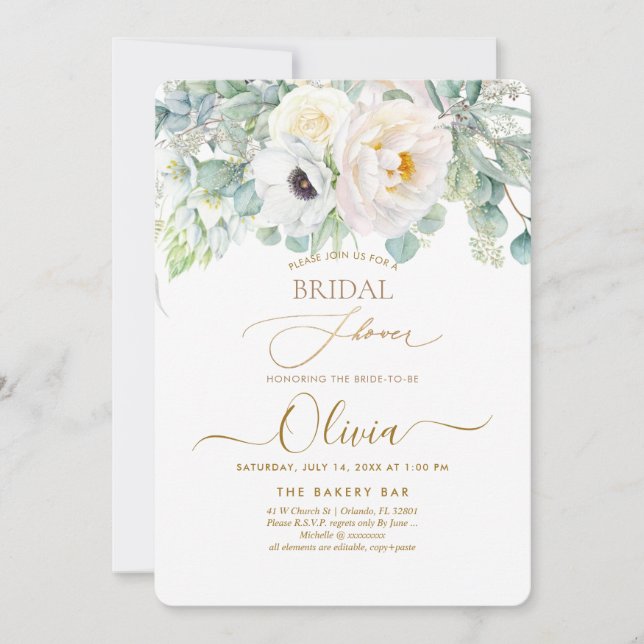 Convites PixDezines H2 Peonies Brancos Chá de panela Anêmon (Frente)