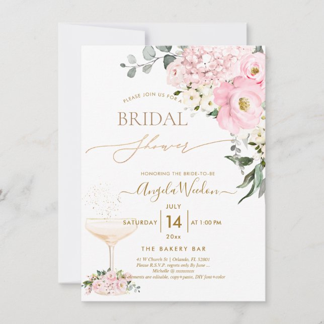 Convites PixDezines H2 Rosa Hortênsia Rosas Chá de Noiva (Frente)