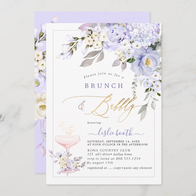 Convites PixDezines H2 Rosas Roxos Hydrangea Brunch (Frente/Verso)