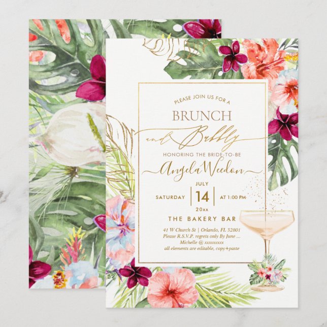 Convites PixDezines H2 Tropical Paradise Brunch Bubbly (Frente/Verso)