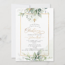 Convites PixDezines H2 Verde Dourado Eucalipto Batismo