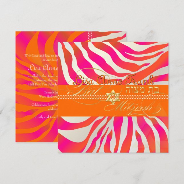 Convites PixDezines Hot Pink+Orange Zebra, Bat Mitzvah (Frente/Verso)