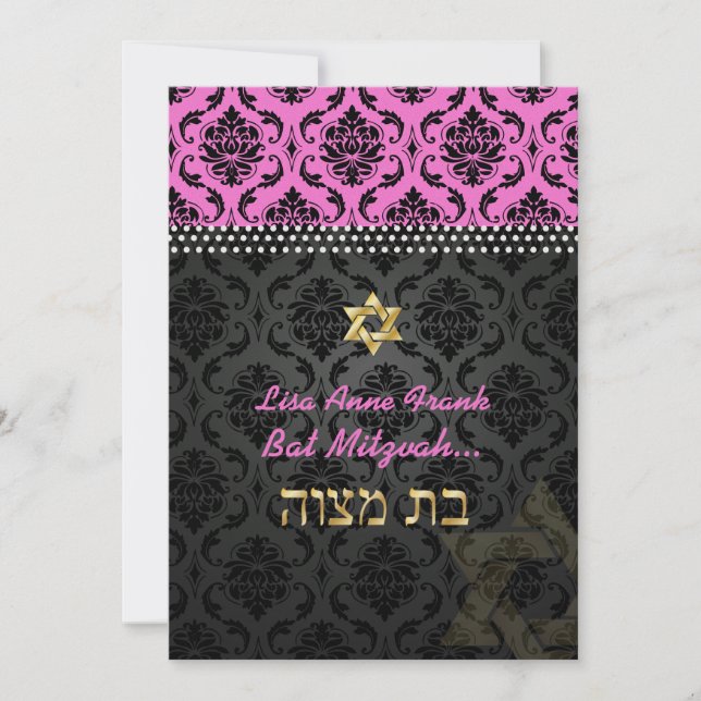 Convites PixDezines Hot Pink Vendome Damask, Bat Mitzvah (Frente)