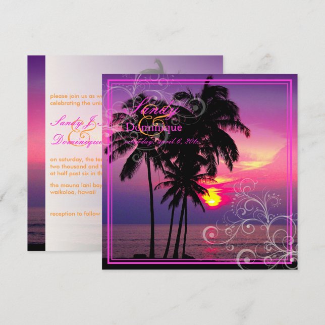 Convites PixDezines Kaui Sunset+Swirls/casamento tropical (Frente/Verso)