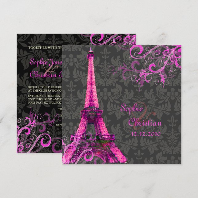 Convites PixDezines LA TORRE EIFFEL/ROSA/DIY COR (Frente/Verso)