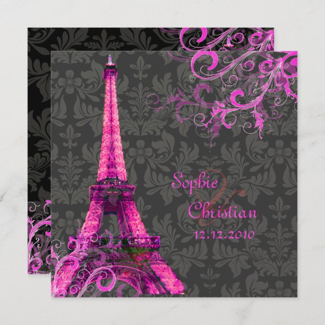 Convites PixDezines LA TOUR EIFFEL/PINK/DIY COLOR (Frente/Verso)