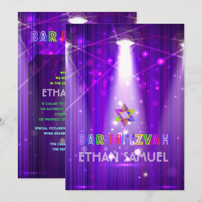 Convites PixDezines laser / luzes de néon bar mitzvah (Frente/Verso)