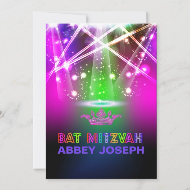 Convites PixDezines Laser / Luzes de Neon Bat Mitzvah (Frente)