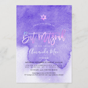 Convites PixDezines Lavanda de Aquarela Roxo Mitzvah