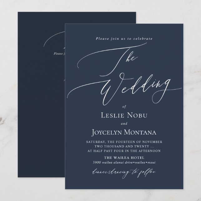 Convites PixDezines Luxe Caligrafia Casamento Azul-Marinho (Frente/Verso)