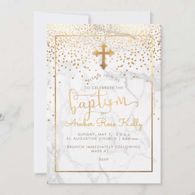 Convites PixDezines Marble+Faux Dourado Confetti/Baptismo (Frente)