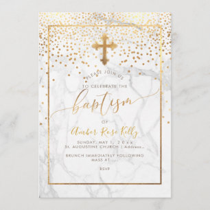 Convites PixDezines Marble+Faux Dourado Confetti/Baptismo