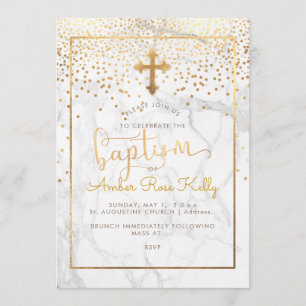 Convites PixDezines Marble+Faux Dourado Confetti/Batismo