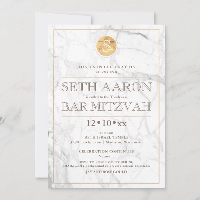 Convites PixDezines Marble Faux Dourado Monograma Bar Mitzv (Verso)