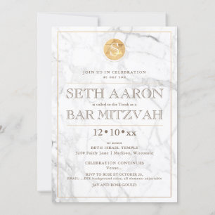 Convites PixDezines Marble Faux Dourado Monograma Bar Mitzv