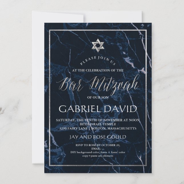 Convites PixDezines Marble Faux Silver Star Bar Mitzvah (Verso)