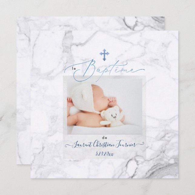 Convites PixDezines Marbre Blanc, Baptême Bleu garçon (Frente/Verso)
