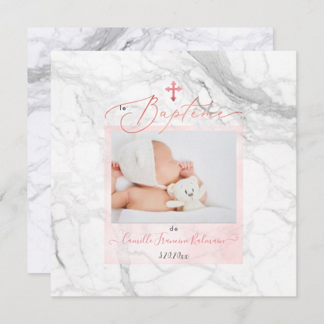 Convites PixDezines Marbre Blanc, Baptême File (Frente/Verso)